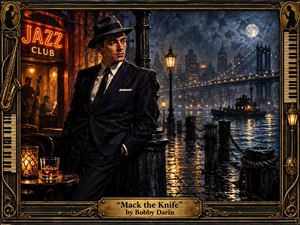 A sharply dressed man in a fedora stands beside a rain-slicked waterfront jazz club, framed by glowing lamps, musicians, and a moonlit city bridge. Deep blues, black, amber, and brass create a suave yet ominous mood, while painterly textures, reflective pavement, harbor details, and an ornate musical frame evoke vintage noir sophistication.