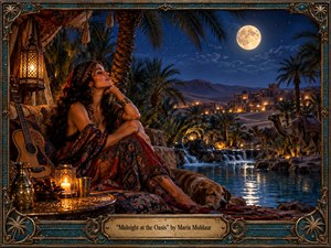 A serene woman in flowing patterned clothing rests beside a moonlit desert oasis, surrounded by palms, lanterns, cushions, a guitar, and reflective water. Deep blues, warm amber light, and intricate handcrafted textures create a romantic, dreamy mood, while distant village lights, camels, and ornate framing enrich the cinematic composition.