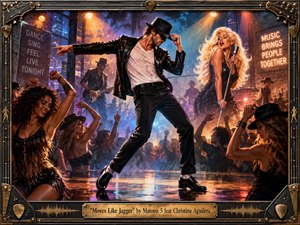 A charismatic dancer commands a smoky nightclub stage beside a glamorous blonde singer, surrounded by cheering crowds and shadowed musicians. Warm amber spotlights clash with electric blues and purples, reflecting across the polished floor. The richly detailed painted style, glittering costumes, guitar-inspired frame, and metallic title plate create swaggering retro-pop energy.