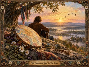 A lone musician rests beneath a sprawling tree above a misty river valley at sunset, surrounded by a painted tambourine, wildflowers, scarves, sunglasses, and a feather. Warm golds, earthy browns, and muted blues create a dreamy 1960s folk mood, rendered with richly textured, handcrafted painterly detail.
