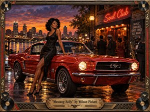 A glamorous woman in a sparkling black dress poses beside a polished red classic Mustang outside a lively soul club at sunset. Warm neon, streetlamps, and wet pavement create rich reflections, while musicians and evening crowds add energy. The ornate vintage frame, records, musical motifs, and engraved title plate reinforce the soulful 1960s atmosphere.