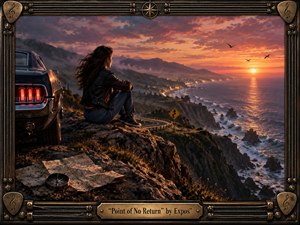 A lone woman sits beside a vintage black car on a rugged coastal overlook, watching a glowing sunset above a winding shoreline road. Warm orange, rose, and violet light contrasts with dark cliffs and ocean blues. A weathered map, compass, musical frame, and brass title plate deepen the nostalgic, cinematic mood.