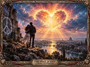 A couple stands on a rocky overlook above a glowing riverside city as a radiant heart-shaped burst of light fills the dramatic sunset sky. Warm gold, amber, violet, and blue tones create a romantic, hopeful mood. Painterly textures, ruined stonework, soaring birds, and an ornate bronze frame add richness and grandeur.
