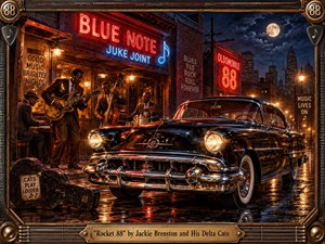 A gleaming black 1950s automobile dominates a rain-slicked street outside a lively neon-lit juke joint, where musicians perform blues and early rock and roll. Rich reds, amber, blue neon, and moonlight create a nostalgic nighttime glow, while reflective pavement, chrome details, vintage signage, and an ornate musical frame heighten the energetic retro atmosphere.