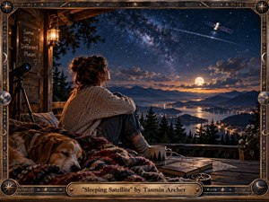 A woman in a warm wooden cabin gazes across a moonlit mountain valley beneath a brilliant star-filled sky, while a sleeping dog rests beside her. Golden lantern light contrasts with deep blues and silver moonlight, creating an intimate, reflective mood. A satellite crosses the sky, while brass celestial framing and an engraved title plate complete the handcrafted composition.