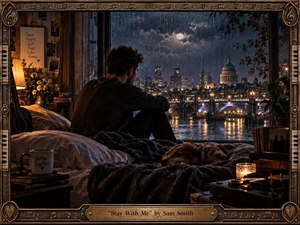 A solitary man sits on a rumpled bed beside a sleeping dog, gazing through rain-streaked glass at a glowing nighttime city. Warm amber lamps and candlelight contrast with cool blue moonlight, creating tender loneliness. Rich cinematic realism, reflective water, scattered keepsakes, musical details, and an ornate bronze frame deepen the intimate mood.