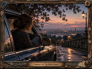 A contemplative woman sits inside a weathered vintage car overlooking a rain-slick city at twilight. Warm streetlamps and distant city lights glow beneath pink, lavender, and amber clouds. Dark foliage frames the scene, while reflections shimmer across the road. Richly textured, cinematic realism and an ornate aged frame heighten its nostalgic melancholy.