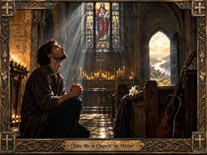 A solitary man kneels inside a weathered Gothic church, illuminated by dramatic shafts of stained-glass sunlight and warm candlelight. Deep browns, golds, and shadowed stone create a solemn, conflicted mood. An open doorway reveals a radiant landscape, while an acoustic guitar, white lilies, carved pews, and ornate metal framing enrich the cinematic realism.