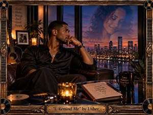 A stylish man sits pensively in a leather chair overlooking a glowing city skyline at dusk, while a womans softly blended reflection fills the window like a lingering memory. Warm amber candlelight contrasts with deep blue evening tones, framed by ornate bronze, wood, guitar details, vinyl records, and a polished engraved title plate.