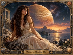 A luminous goddess-like woman in flowing ivory fabric sits on a rocky cosmic shoreline beneath an immense glowing planet. Ruined classical columns, distant mountains, stars, and a reflective sea create a dreamlike, romantic mood. Warm gold and amber light contrasts with deep blue space, framed by ornate bronze Art Nouveau metalwork.