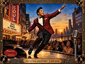 A jubilant soul singer in a sparkling red jacket dances across an outdoor stage before an ecstatic crowd, framed by a glowing city skyline at sunset. Warm gold, crimson, and deep blue tones create an uplifting mood, while vintage records, microphone details, neon signage, and an ornate brass frame reinforce the handcrafted 1960s musical atmosphere.