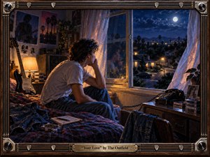 A young man sits pensively on a rumpled bed in a nostalgic 1980s bedroom, gazing through an open window toward moonlit suburban streets. Warm lamplight contrasts with deep blue night tones, while guitars, cassette tapes, photographs, and a rotary phone enrich the intimate, yearning scene with cinematic realism and textured detail.
