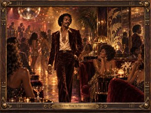 A confident man in a deep burgundy velvet suit strides through a glamorous 1970s disco lounge, surrounded by dancing couples, mirrored walls, plush seating, and shimmering gold decor. Warm amber lighting, reflected disco-ball sparkles, smoky atmosphere, and painterly textures create a sensual, celebratory mood filled with elegance, rhythm, and magnetic attraction.
