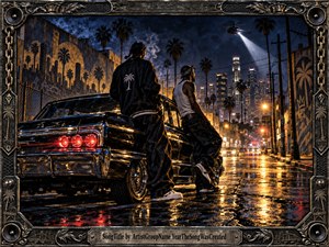 Two men stand beside a glossy black lowrider on a rain-slicked Los Angeles street beneath palm trees, murals, and a sweeping helicopter spotlight. Deep blues, amber streetlights, red taillights, and metallic reflections create a tense nocturnal mood. The richly detailed digital painting is enclosed by an ornate, music-inspired metal frame.