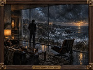 A solitary man stands before rain-streaked windows overlooking a storm-darkened coastline, surrounded by a shadowy modern interior. Deep blues, charcoal blacks, and warm amber reflections create a melancholy, cinematic mood. Painterly textures, turbulent waves, dim lamps, leather furniture, and a brass-trimmed frame reinforce themes of isolation, longing, and emotional uncertainty.