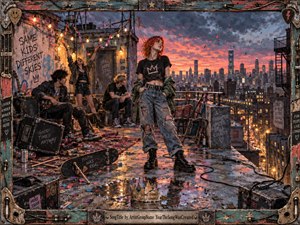 A red-haired young woman stands defiantly on a weathered city rooftop at sunset, surrounded by bandmates, instruments, scattered debris, and graffiti-covered walls. Warm string lights contrast with stormy blue clouds and fiery orange skies. The richly textured, painterly scene feels rebellious, youthful, restless, and bittersweet, framed with distressed musical hardware.