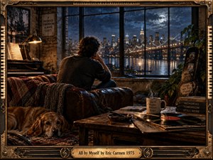 A solitary man sits in a warmly lit loft, gazing through rain-streaked windows toward a moonlit city and glowing bridge. Deep blues contrast with amber lamplight, creating a reflective, melancholy mood. Rich painterly detail fills the room with a piano, records, worn furniture, a sleeping dog, and an ornate musical frame.