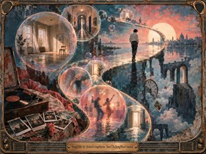 A solitary figure walks along a luminous S-shaped path suspended above a dreamlike city at sunset, surrounded by translucent bubbles holding fragments of rooms, dancing, and memory. Warm coral and gold light contrasts with deep blue shadows, while clocks, photographs, clouds, and weathered architecture create a wistful, surreal mixed-media atmosphere.