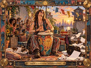 A carefree drummer dominates a colorful rooftop gathering at sunset, surrounded by dancing friends, instruments, scattered papers, plants, and weathered urban details. Warm golden light floods the skyline while vivid reds, blues, and ochres energize the scene. The handcrafted frame, metallic accents, and textured surfaces reinforce its playful, rebellious, celebratory spirit.