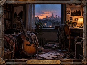 A rain-soaked city glows beyond a dim, intimate bedroom where a weathered acoustic guitar rests beside a sleeping cat. Warm amber lamplight contrasts with cool blue dusk, illuminating scattered records, handwritten pages, photographs, and worn furnishings. The richly textured, cinematic realism evokes solitude, tenderness, memory, and quiet emotional exhaustion.