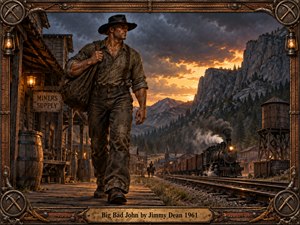 A towering, weathered miner strides through a rugged frontier town as a steam locomotive approaches beneath dramatic mountain cliffs. Warm sunset light cuts through storm clouds, illuminating dusty wood, iron rails, and lanterns. Rich browns, charcoal grays, and amber highlights create a heroic, somber Western atmosphere within an ornate mining-themed frame.
