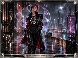 A poised red-haired figure in glossy black futuristic clothing stands on a rain-soaked terrace above a neon city. Crystalline shards arc around her like a protective shield, reinforcing a defiant, self-possessed mood. Magenta, cyan, and silver reflections, dramatic moonlight, wet surfaces, and a metallic frame create sleek retro-futurist intensity.