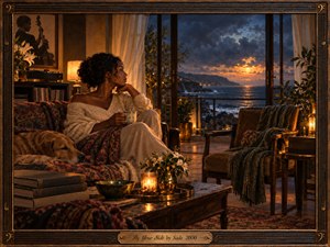 A contemplative woman sits beside a sleeping dog in a warmly lit coastal room, gazing toward a moonlit sea beyond open windows. Amber lamps, candles, deep blues, and textured fabrics create an intimate, reassuring mood. Rich painterly detail, soft shadows, flowers, books, and an empty chair suggest devotion, patience, and enduring companionship.