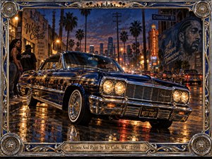 A gleaming blue lowrider dominates a rain-slicked Los Angeles street at twilight, surrounded by palm trees, neon signs, murals, and cruising cars. Chrome reflections, warm headlights, and deep cobalt shadows create a confident, cinematic mood. Ornate metallic framing and intricate pinstriping reinforce the handcrafted West Coast aesthetic.