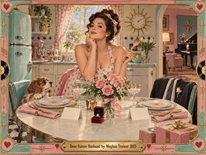 A poised woman in a retro 1950s kitchen leans playfully over a romantic table set for two, surrounded by roses, champagne glasses, an engagement ring, and a waiting suit jacket. Soft daylight, pastel pink and turquoise tones, polished surfaces, vintage furnishings, and an ornate heart-trimmed frame create a cheerful, flirtatious, nostalgic atmosphere.