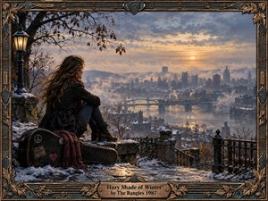 A solitary woman sits above a snow-dusted city, gazing across a misty river beneath a fading winter sunset. Warm gold light contrasts with cool blue-gray haze, bare branches, and icy stone. The richly detailed painterly scene feels reflective and nostalgic, framed by ornate bronze metalwork, musical motifs, and a weathered guitar case.