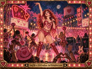 A glamorous red-haired performer commands a glittering nighttime stage, surrounded by dancers, cheering fans, neon hearts, and carnival lights. Saturated pinks, reds, and golds create a playful, exuberant mood beneath a moonlit sky. The richly textured, theatrical painting blends pop spectacle, campy romance, sparkling costumes, and ornate vintage framing.