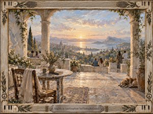 A serene Mediterranean terrace overlooks a sunlit harbor and distant mountains at golden hour. Seated figures quietly admire the view while a sleeping dog, olive branches, stone columns, pottery, and a rustic table create intimacy. Soft cream, blue, and amber tones, textured brushwork, and glowing light evoke peaceful, idealistic harmony.
