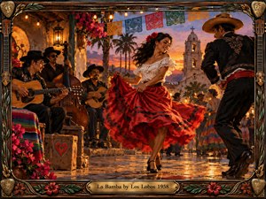 A spirited couple dances in a sunlit Mexican plaza as musicians play guitars and upright bass beneath colorful papel picado. Warm sunset light washes adobe walls, palms, and a mission tower in gold and coral. Rich painterly textures, swirling red fabric, festive flowers, and an ornate carved frame create exuberant cinematic energy.