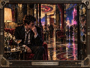 A troubled man sits alone in a lavish midnight lounge, surrounded by mirrors, velvet, polished marble, and distant partygoers. Neon pinks, electric blues, golds, and deep blacks heighten the jealous, restless mood. Shattered reflections, glowing chandeliers, rain-slicked city lights, and a weathered metallic frame create dramatic, cinematic tension.