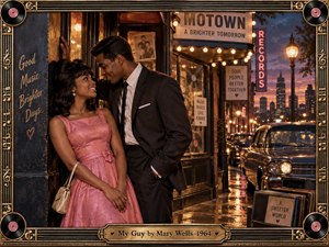 A stylish young couple shares a tender moment outside a glowing 1960s record shop on a rain-slicked city street. Warm amber lights, deep blues, pink fabric, vintage cars, and reflective pavement create romantic nostalgia. The cinematic composition is framed with ornate brass, musical motifs, vinyl records, and a centered engraved title plate.