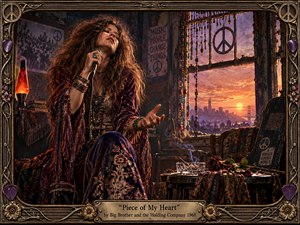 A passionate singer performs in a richly textured 1960s bohemian room overlooking a glowing San Francisco sunset. Deep purples, amber light, weathered wood, beads, flowers, and vintage decor create a smoky, intimate mood. Ornate metallic framing and psychedelic details reinforce the raw, soulful intensity of the scene.