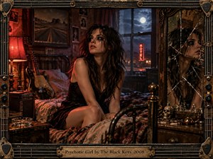 A troubled woman sits on a rumpled motel bed beside a battered electric guitar, framed by cracked mirrors and worn furnishings. Deep reds, smoky browns, and cold moonlight create a tense, nocturnal mood. Gritty cinematic realism, weathered textures, neon glow, and distressed musical framing suggest danger, obsession, and emotional volatility.