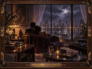 A couple relaxes in a warmly lit, elegant lounge overlooking a rain-soaked city at night. Deep burgundy, amber, and smoky violet tones create a sensual, intimate mood. A glowing lamp, vinyl record player, flowers, candles, and reflective glass surfaces enrich the painterly scene, framed by carved wood and musical details.