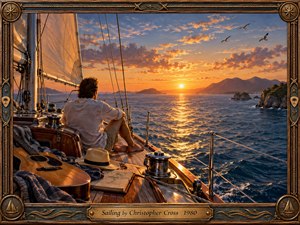 A lone sailor rests on a polished wooden sailboat, gazing across shimmering blue water toward a radiant sunset and distant mountains. Warm gold and amber light contrasts with deep ocean blues, creating a peaceful, reflective mood. Rich nautical details, textured rigging, a guitar, seabirds, and an ornate maritime frame enhance the handcrafted realism.