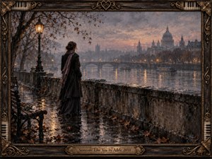 A solitary woman stands beside a rain-darkened London river, gazing across glowing water toward a misty skyline. Warm lamplight and fading peach-gray dusk contrast with her black coat and muted scarf, creating quiet melancholy. Painterly textures, fallen leaves, wet reflections, distant boats, and an ornate piano-themed frame deepen the sense of memory and longing.