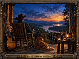 A solitary man in a rocking chair overlooks a tranquil mountain lake at sunset, accompanied by a resting golden dog and an acoustic guitar. Warm lantern light, glowing orange skies, deep blues, weathered wood, and rustic furnishings create a reflective, bittersweet mood. An ornate musical frame and engraved title plate complete the nostalgic handcrafted composition.