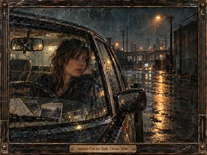 A solitary woman sits inside a rain-soaked car on a deserted industrial street at night, her distant expression suggesting uncertainty and escape. Amber streetlights shimmer across wet pavement against deep blue-gray shadows. The painterly realism, fractured reflections, worn photographs, and ornate dark metal frame create a haunting, intimate atmosphere of memory and isolation.