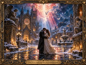 A couple embraces in a snow-covered Gothic cathedral square, surrounded by glowing candles, angelic statues, and ornate architecture. Warm golden light reflects across wet stone beneath a dramatic blue and rose sky, where radiant beams break through clouds and circling doves. The richly detailed scene feels romantic, sacred, theatrical, and timeless.