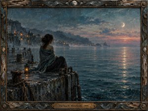 A solitary woman sits on a weathered stone pier overlooking a moonlit sea and distant coastal village. Deep blue, teal, and muted rose tones create a reflective, dreamlike mood, illuminated by a lantern and fading sunset. Textured painterly surfaces, shimmering water, rusted fixtures, and an ornate nautical frame enrich the scene.