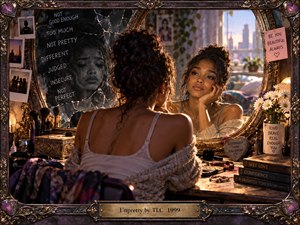 A young woman sits before an ornate vanity mirror, confronting contrasting reflections of insecurity and growing self-acceptance. Cracked glass, handwritten judgments, affirmations, flowers, books, and personal photographs enrich the intimate setting. Warm golden light softens deep shadows, while cinematic realism and elaborate bronze framing create a reflective, emotional atmosphere.