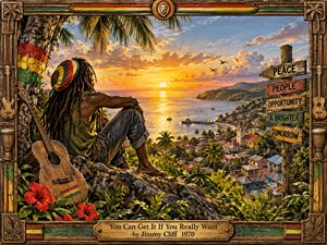 A contemplative figure with dreadlocks overlooks a glowing Caribbean bay at sunset, accompanied by a weathered guitar and tropical flowers. Warm gold, red, green, and earthy tones create an uplifting, determined mood. Detailed painterly textures, hillside homes, sailboats, symbolic signposts, and a carved wooden frame reinforce resilience, hope, and possibility.