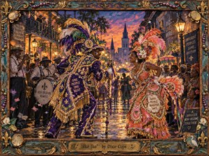 A jubilant New Orleans street celebration unfolds at sunset, centered on two elaborately costumed dancers facing each other amid musicians and cheering crowds. Rich purples, coral pinks, gold, and turquoise glow under warm lantern light. Painterly textures, ornate beadwork, feathers, wet pavement reflections, and a handcrafted decorative frame create festive depth and rhythm.