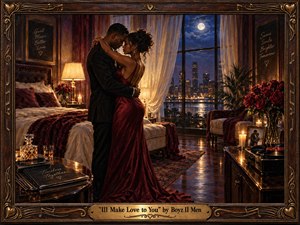 A couple embraces tenderly in a luxurious moonlit bedroom overlooking a glowing city skyline. Deep burgundy fabrics, roses, candlelight, and polished wood create a warm, intimate mood against cool blue night tones. Rich painterly textures, elegant furnishings, a vintage record player, and ornate carved framing give the scene romantic, handcrafted sophistication.