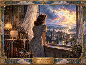 A young woman stands at an open window overlooking a rain-washed town, distant glowing city, and faint rainbow beneath dramatic clouds. Warm lamplight contrasts with cool blue twilight, creating wistful hope and quiet longing. Painterly textures, lace curtains, flowers, photographs, and an ornate celestial frame enrich the nostalgic composition.