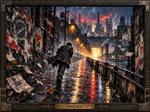 A lone figure pushes through a rain-soaked industrial city, surrounded by torn posters, dark factories, smokestacks, and tangled wires. Fiery orange light burns against stormy blue-gray skies, reflecting across wet pavement. The dramatic mixed-media style combines gritty paint, collage textures, metal details, and a weathered amplifier-inspired frame.